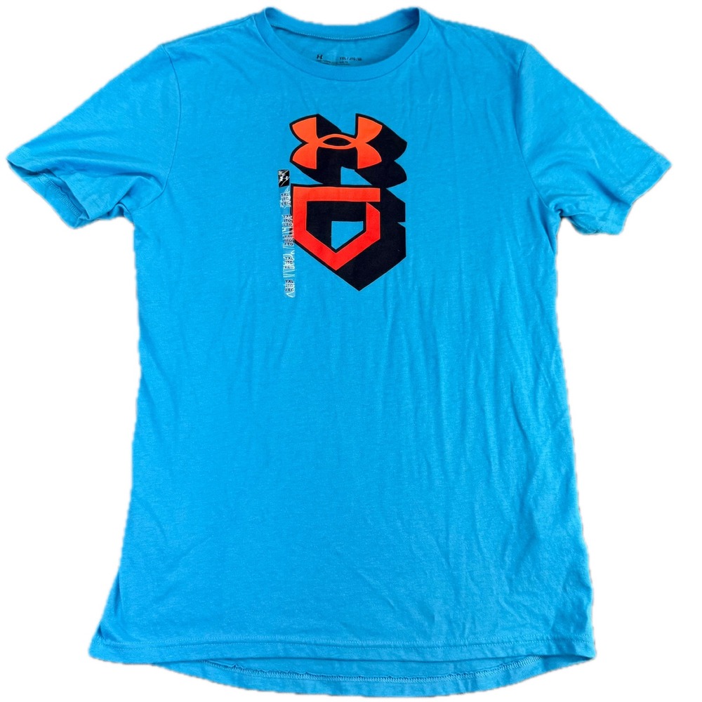Under Armour Graphic Tee Kids YXL Blue Orange Logo Short Sleeve Athletic Shirt